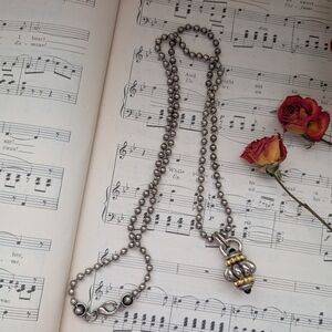 Silvertone Bead Pendant Necklace with Gold Accent